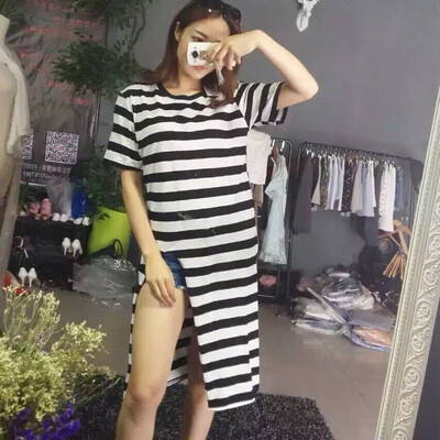 

Striped Print Split Women Tshirt Casual O Neck Half Sleeve Loose Long T-Shirt Blue White Stripes Korea Style Tees Top New