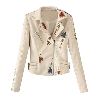

Toponeto Womens Casual Long Sleeve Embroidered Studded Zipper Slim Leather Jacket