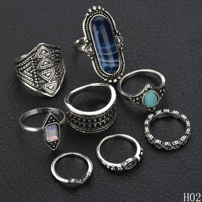 

8PCS Bohemian Vintage Tiger Eye Stone Rings Set Women Ethnic Antique SilverGold color Retro Ring