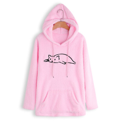 

Roseonmyhand Women Causal Embroidery Cat Pockets Casual Hoodies Blouse Solid Coat Outwear