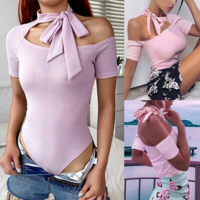 

Women Hollow Bodysuit Stretch Leotard Short Sleeve Body Tops T shirt Jumpsuit