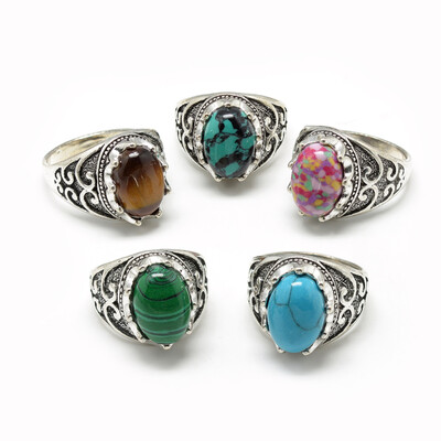 

Gemstone Wide Band Rings with Alloy Ring Findings Oval Antique Silver Size 711 Mixed Color 1721mm
