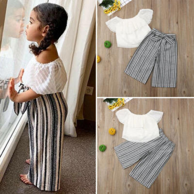 

US 2Pcs Toddler Baby Kids Girls Summer Clothes Tops Striped Long Pants Outfits