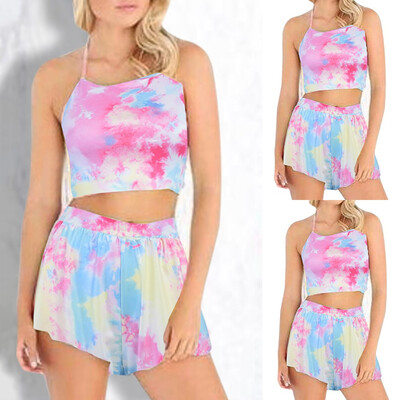 

Roseonmyhand Colorful Flower Print Sleeveless Shirt Shorts Two-Piece