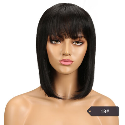

Noble Blue Straight Human Hair Wigs With Bangs Brazilian Remy Hair Human Hair Wig Perruque Cheveux Humain Cheap Free Shipping