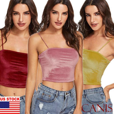 

Womens Sexy Spaghetti Strap Velvet Cotton Cami Crop Tank Top Cropped Camisole US