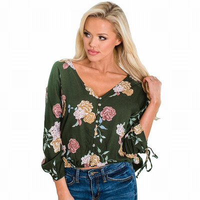

V-neck single-breasted cropped sleeve vanilla print bohemian shirt top