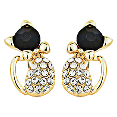 

Elegant Women Lady Gold Little Cat Rhinestone Ear Studs Pierced Earrings Cute