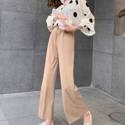 

Women Ice Silk Wide Leg Pants Ladies High Waist Casual Loose Straight Trousers