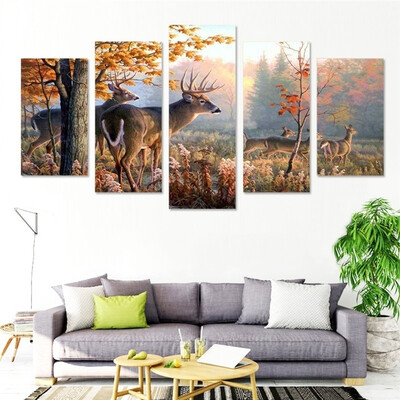 

New Fashion Deer Paintings 5 Panels Beautiful Room Decoration Print Canvas Modern Landscape Wall Decor Post Mural