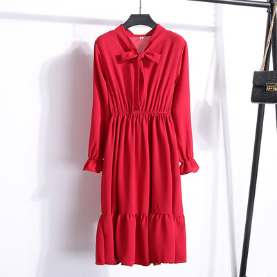 

Tailored Women Ladys Casual Chiffon Solid Color Long Sleeve Elastic Waist Bandage Dress