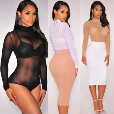 

SUNSIOM Womens Long Sleeve Basic Ladies Stretch Leotard Choker Bodysuit High Neck Top