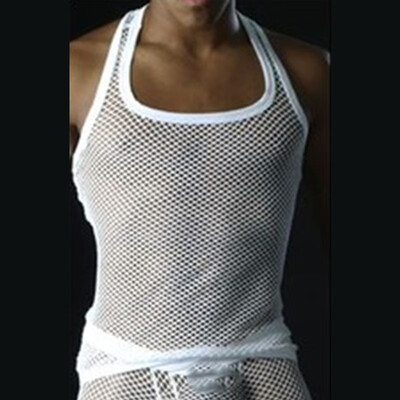 

Men Sexy Vest Tank Tops Round Neck Sleeveless Transparent Mesh Breathable Solid