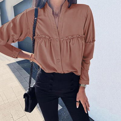 

Tailored Womens Fashion V-collar Button Shirt in Pure Colors&Loose Sleeves Blouses