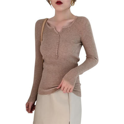 

Korean Single-Breasted V Collar Slim Fit Knit Basic Sweater Women Tops