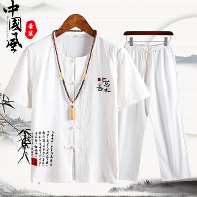 

Toponeto Mens Solid Color Printed Casual Loose Short-sleeved Cotton And Linen Set