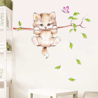 

〖Follure〗Cartoon Cat Spring Green Leaf Wall Sticker Bedroom Study Background Wall Sticker