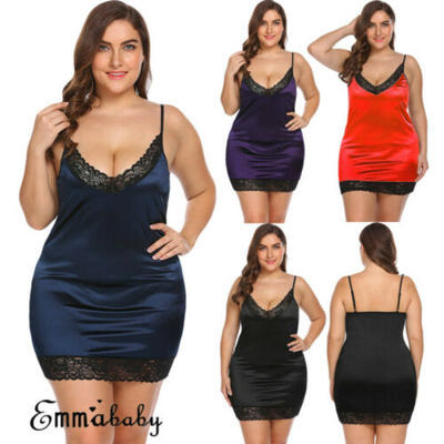

US Plus Size Sexy Lingerie Women Silk Lace Dress Babydoll Nightdress Sleepwear