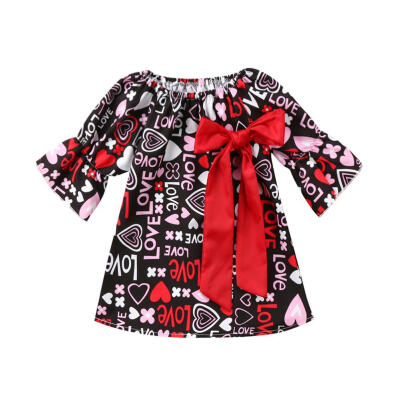 

Valentine Day Girls Dress Kids Summer Heart Printed Bow Half Sleeve Dress