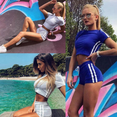 

2PCSSet Women Sports Suit Crop Top Shorts Outfit Yoga Workout Clothes Tracksuit