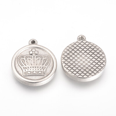

304 Stainless Steel Pendants Flat Round with Crown Antique Silver 21x18x3mm Hole 15mm