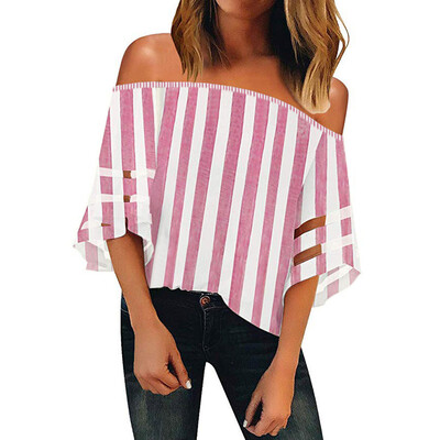 

Starmoon Women Summer Stripe Off Shoulder Mesh Panel Blouse 34 Bell Sleeve Top Shirt