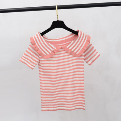 

Summer Autumn Woman T-Shirt Slim Slash Neck Ice Silk Short-Sleeved Knit Versatile Tops Tops Striped Print T-Shirt