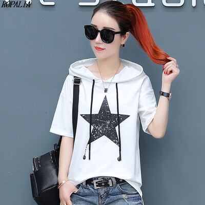 

Womens Hooded Star Printed Short Sleeve Loose T-Shirt Simple Casual Pullover Tops