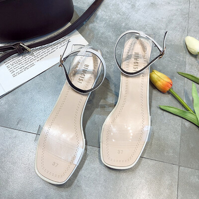 

Summer 2019 new transparent one-word buckle with thick heel open toe net red sandals womens crystal heel temperament high heels
