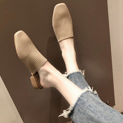 

Summer thick heel muller slippers womens fashion pointed knitting elastic retro Baotou half slippers with