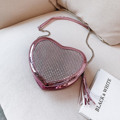 

2019 New Fashion Women Heart Shaped Messenger Bag Love Chain Diamond Patent Leather Shoulder Bag High Quality Luxury Handbag Sac