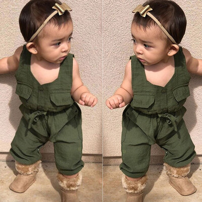 

Toddler Baby Boys Girls Sleeveless Pocket Romper Newborn Belt Jumpsuit