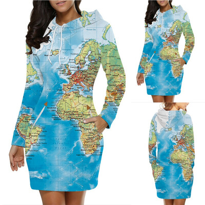 

Tailored Fashion Women Leisure Map Print Long Sleeve Hooded O-Neck Dress