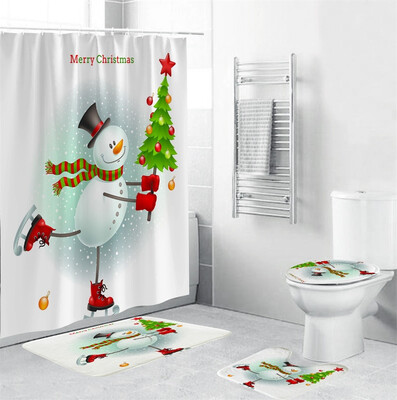 

〖Follure〗4Pcs Christmas shower Curtain Bathroom Anti-slip Carpet Rug Toilet Cover Mat Set
