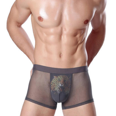 

Men Sexy Underwear Ice Silk Soft Printing Mesh Breathable Middle-waist Ultra-thin Tiger Boxers