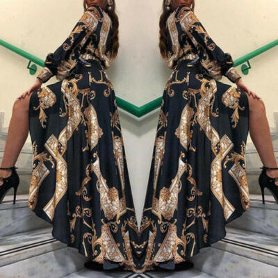 

Womens Maxi Baroque Print Lantern Sleeve Dress Slit Evening Party Sun Dress