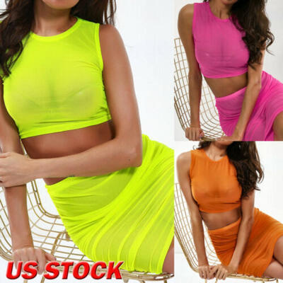 

Women Mesh Sheer Bodycon Two Piece Crop Top&Skirt Set Bandage Dress Party