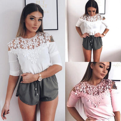 

Summer Women&39s Sexy Solid Lace Cold Shoulder Mid Sleeve Slim Blouse Tops T-Shirt