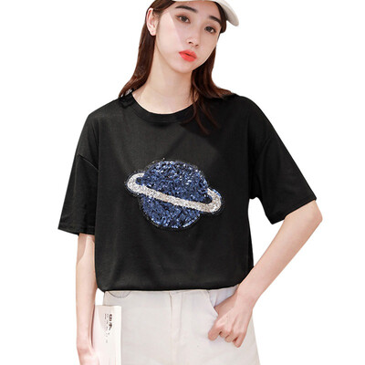 

Korean Cosy Summer T shirt Woman Spring O Neck T-Shirt Sequined Cartoon Planet Print Short Sleeve Loose Tshirt Women harajuku