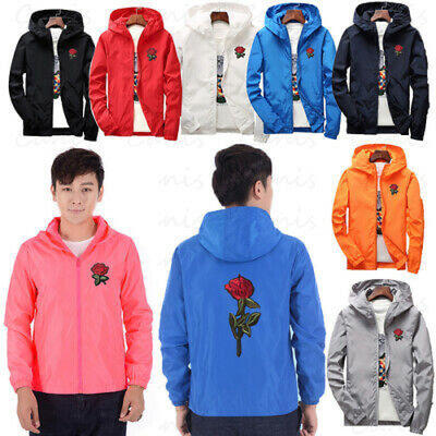 

US Mens Hot Rose Zip Pullover Lightweight Rose Embroidery Jacket With Hoodies