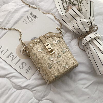 

Tailored Women Beach Lace Embroid Straw Bucket Bag Burlap Square Bag Messenger Bag