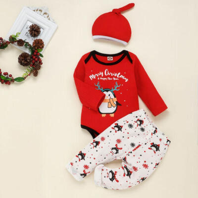 

Newborn Baby Girl Boy Kids Long Sleeve Christmas Romper Hat Pants Cotton Clothes