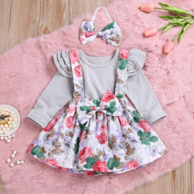 

US Stock Newborn Kids Baby Girls Ruffle Romper Top Bowknot Floral Dresses Outfit