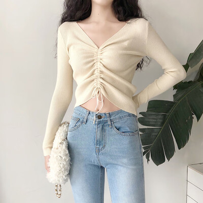 

sweater women Sexy lace up knitting pullover top Fashion autumn winter Chic pink V-neck knit slim jumper pull femme New