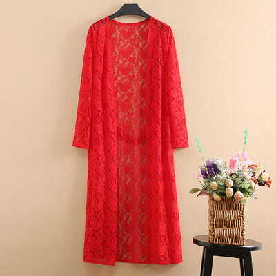 

Summer Women Lace Long Cardigan Sexy Hollow Out Sun Protection Clothing Half Sleeve Sunscreen Blouses Outwear Beachwear Female
