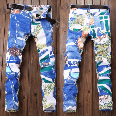 

Gobestart Spring&Summer Mens Casual Pants Trend Printed Pocket Jeans
