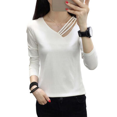 

Simple Solid Color T-shirt Fashion Women Slim V-Neck T-shirt Casual Tees