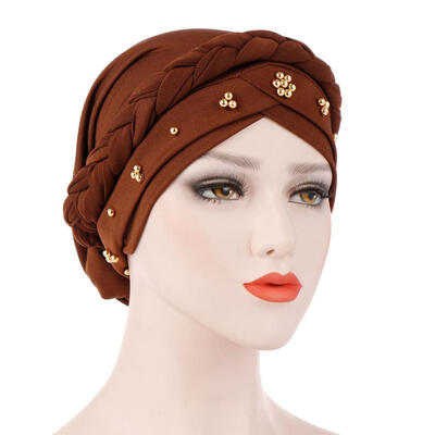 

Solid Color Braid Beads Decor Women Muslim Hijab Turban Head Scarf Cap Hat