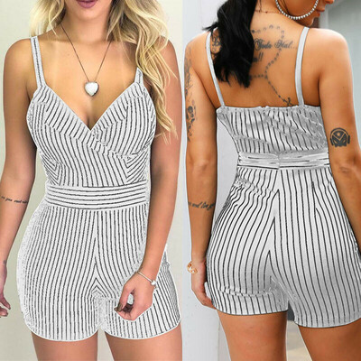 

Women Sexy Summer Striped Jumpsuit Romper V Neck Strap Short Leggings Playsuit