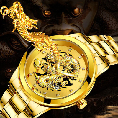 

Gobestart Waterproof Mens Gold Dragon Sculpture Quartz Watch Luxury Men Steel Wristwatch